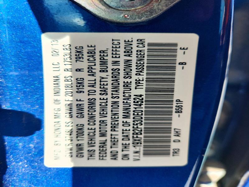 2013 Honda Civic მანქანა იყიდება აუქციონზე, vin: 19XFB2F53DE014524, აუქციონის ნომერი: 56630456