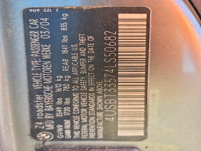55323766 :رقم المزاد ، 4USBT33574LS50682 vin ، 2004 Bmw Z4 مزاد بيع