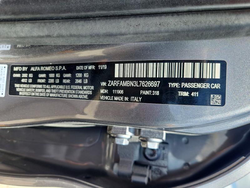 59226576 :رقم المزاد ، ZARFAMBN3L7626697 vin ، 2020 Alfa Romeo Giulia مزاد بيع