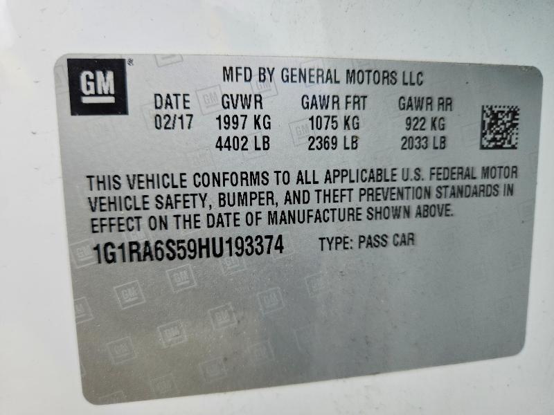 56140446 :رقم المزاد ، 1G1RA6S59HU193374 vin ، 2017 Chevrolet Volt مزاد بيع