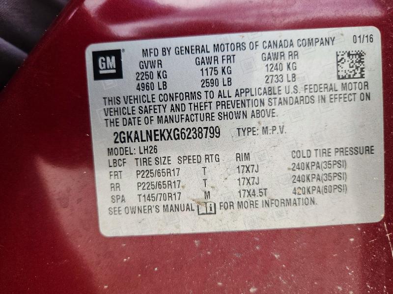 Aukcja sprzedaży 2016 Gmc Terrain, vin: 2GKALNEKXG6238799, numer aukcji: 57130716