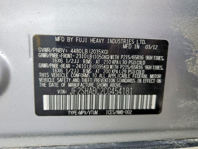 Aukcja sprzedaży 2012 Subaru Forester, vin: JF2SHABC2CG454181, numer aukcji: 55545076