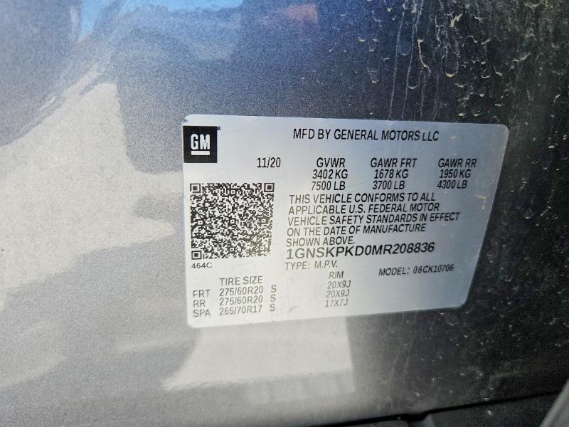 2021 Chevrolet Tahoe მანქანა იყიდება აუქციონზე, vin: 1GNSKPKD0MR208836, აუქციონის ნომერი: 57314106