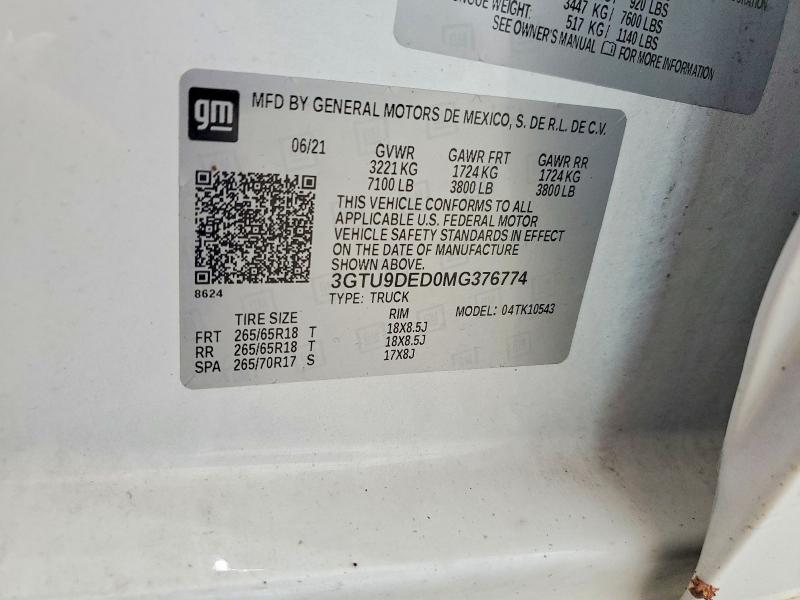 Aukcja sprzedaży 2021 Gmc Sierra, vin: 3GTU9DED0MG376774, numer aukcji: 57213856