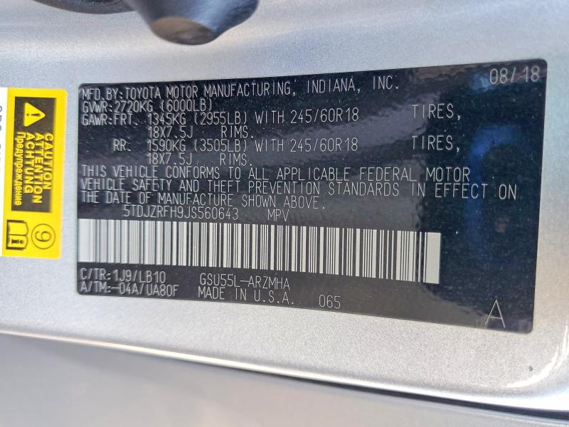 Aukcja sprzedaży 2018 Toyota Highlander, vin: 5TDJZRFH9JS560643, numer aukcji: 58579506