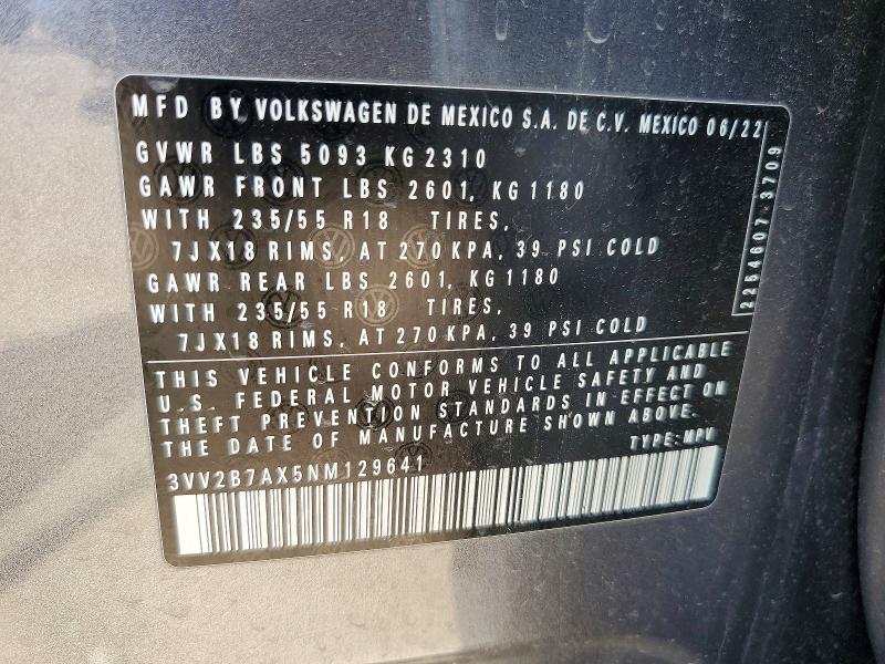 2022 Volkswagen Tiguan მანქანა იყიდება აუქციონზე, vin: 3VV2B7AX5NM129641, აუქციონის ნომერი: 55961836