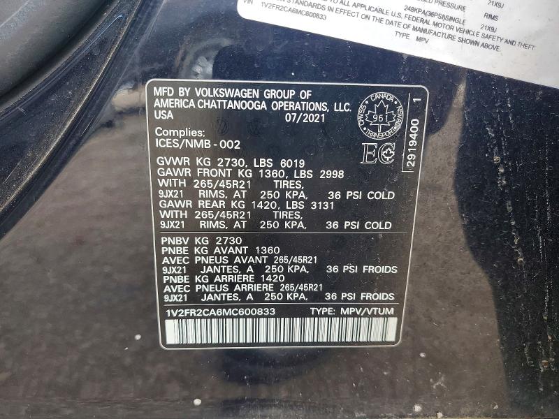 Продаж на аукціоні авто 2021 Volkswagen Atlas, vin: 1V2FR2CA6MC600833, номер лоту: 85629625