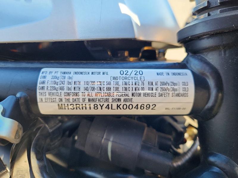 57503576 :رقم المزاد ، MH3RH18Y4LK004692 vin ، 2020 Yamaha Yzf R3 مزاد بيع