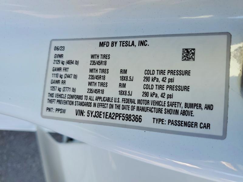 2023 Tesla Model 3 მანქანა იყიდება აუქციონზე, vin: 5YJ3E1EA2PF598366, აუქციონის ნომერი: 55030766