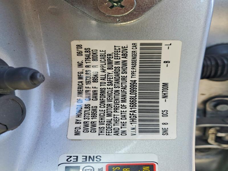 55940236 :رقم المزاد ، 1HGFA16868L099994 vin ، 2008 Honda Civic مزاد بيع