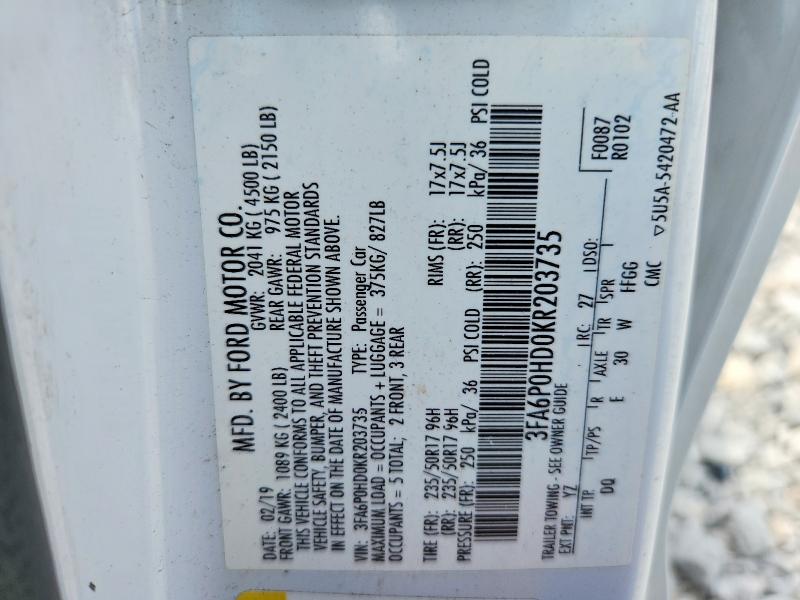 Продаж на аукціоні авто 2019 Ford Fusion, vin: 3FA6P0HD0KR203735, номер лоту: 56866106