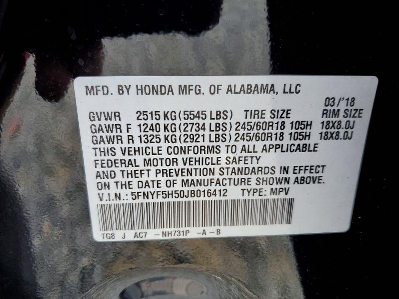 Продаж на аукціоні авто 2018 Honda Pilot, vin: 5FNYF5H50JB016412, номер лоту: 56590486