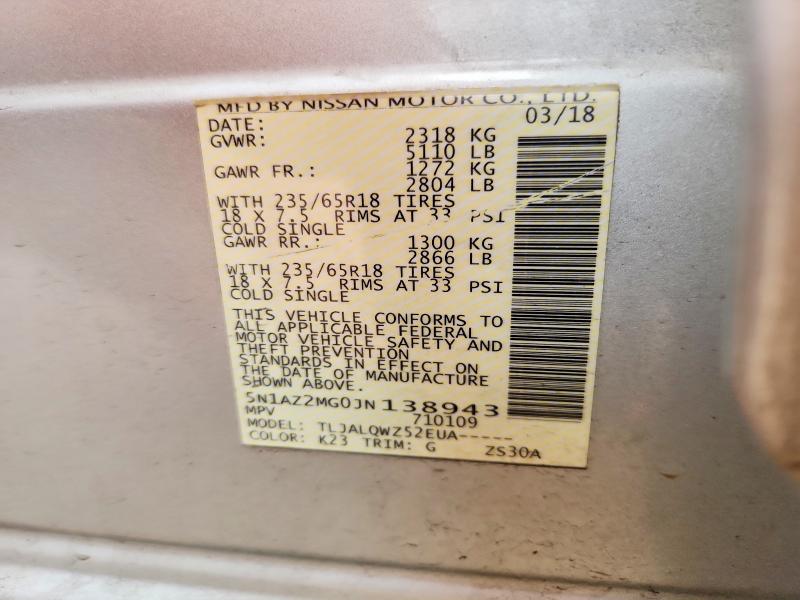 Продажа на аукционе авто 2018 Nissan Murano, vin: 5N1AZ2MG0JN138943, номер лота: 55206376
