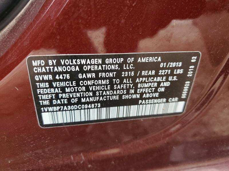Продажа на аукционе авто 2013 Volkswagen Passat, vin: 1VWBP7A30DC094873, номер лота: 57618546