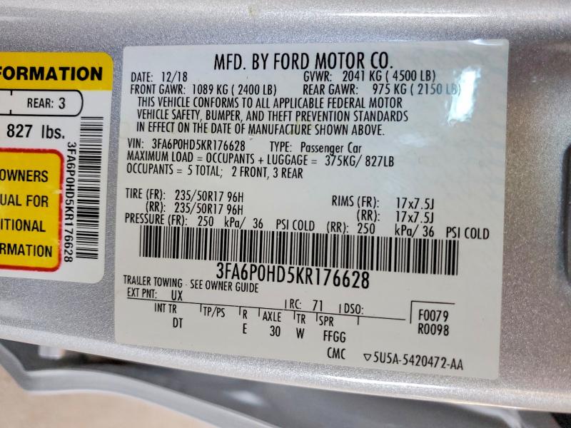 Aukcja sprzedaży 2019 Ford Fusion, vin: 3FA6P0HD5KR176628, numer aukcji: 57496406