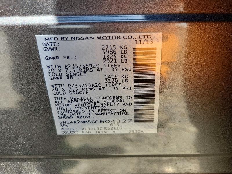2016 Nissan Pathfinder მანქანა იყიდება აუქციონზე, vin: 5N1AR2MM5GC604327, აუქციონის ნომერი: 55652086