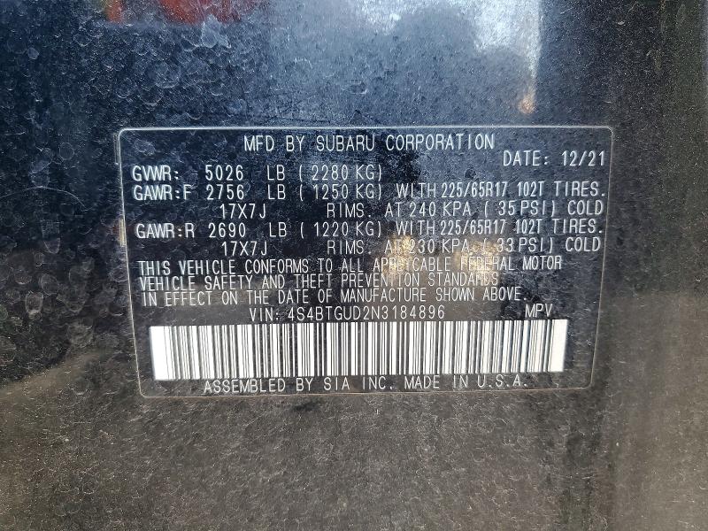 Продаж на аукціоні авто 2022 Subaru Outback, vin: 4S4BTGUD2N3184896, номер лоту: 56168616