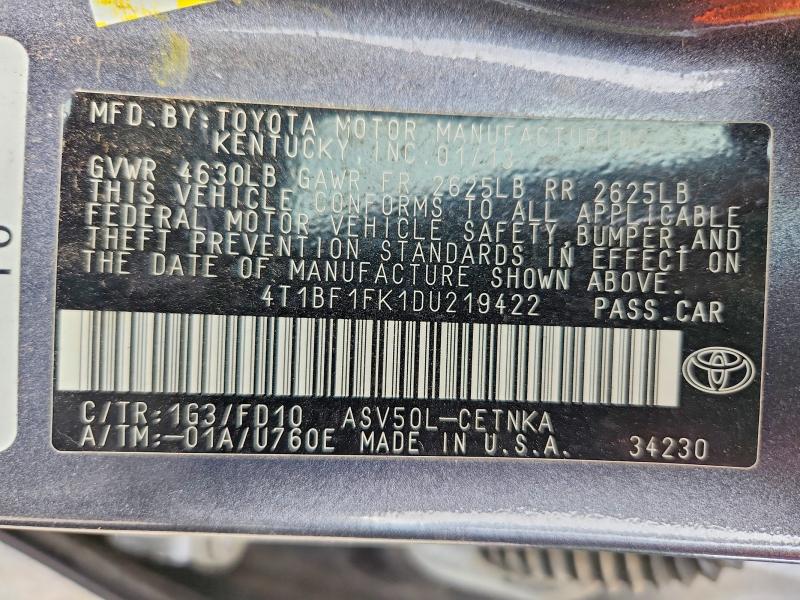 Продажа на аукционе авто 2013 Toyota Camry, vin: 4T1BF1FK1DU219422, номер лота: 57071226
