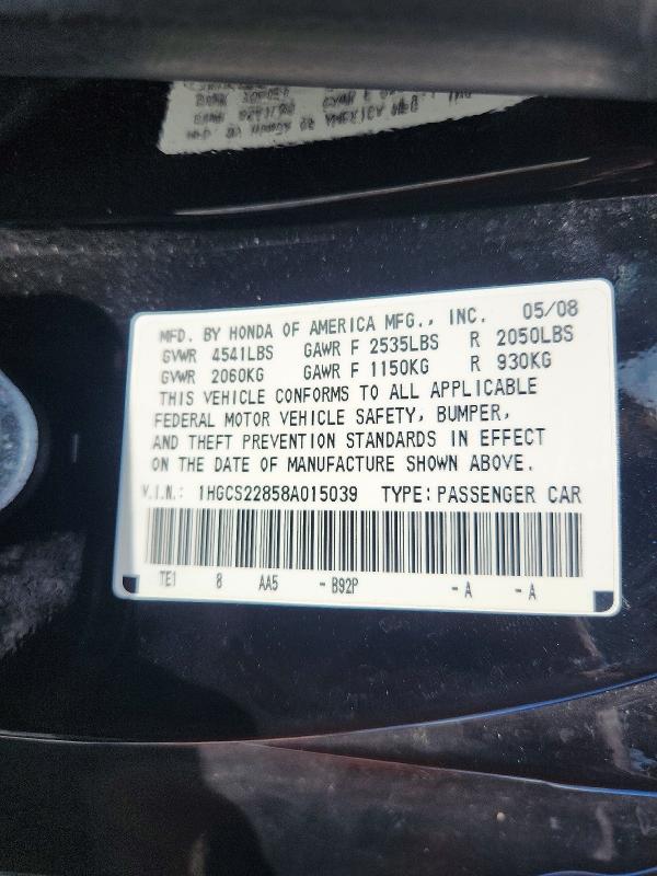 59184756 :رقم المزاد ، 1HGCS22858A015039 vin ، 2008 Honda Accord مزاد بيع