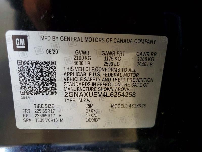 Aukcja sprzedaży 2020 Chevrolet Equinox, vin: 2GNAXUEV4L6254258, numer aukcji: 58554416