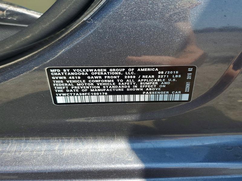 2015 Volkswagen Passat მანქანა იყიდება აუქციონზე, vin: 1VWCT7A36FC100176, აუქციონის ნომერი: 55187396