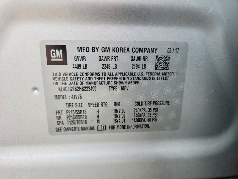 2017 Buick Encore მანქანა იყიდება აუქციონზე, vin: KL4CJGSB2HB222499, აუქციონის ნომერი: 58215566