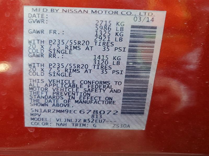 Продажа на аукционе авто 2014 Nissan Pathfinder, vin: 5N1AR2MM9EC678072, номер лота: 55989906