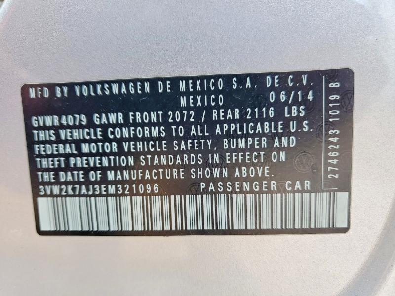 2014 Volkswagen Jetta მანქანა იყიდება აუქციონზე, vin: 3VW2K7AJ3EM321096, აუქციონის ნომერი: 58789046