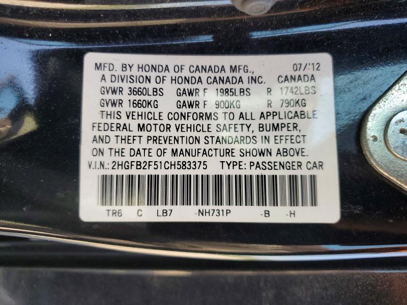 56295096 :رقم المزاد ، 2HGFB2F51CH583375 vin ، 2012 Honda Civic مزاد بيع