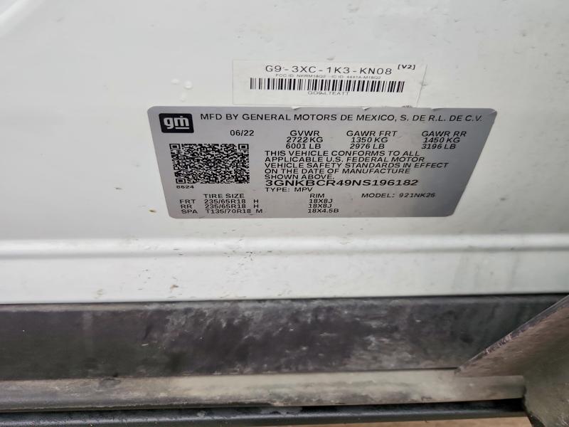 58113396 :رقم المزاد ، 3GNKBCR49NS196182 vin ، 2022 Chevrolet Blazer مزاد بيع