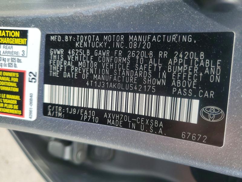 2020 Toyota Camry მანქანა იყიდება აუქციონზე, vin: 4T1J31AK0LU542175, აუქციონის ნომერი: 56346936