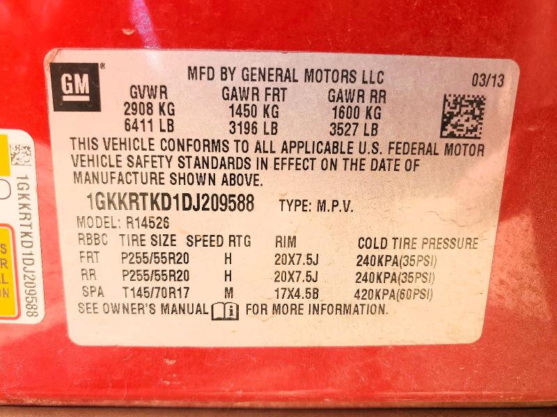 Aukcja sprzedaży 2013 Gmc Acadia, vin: 1GKKRTKD1DJ209588, numer aukcji: 59113446