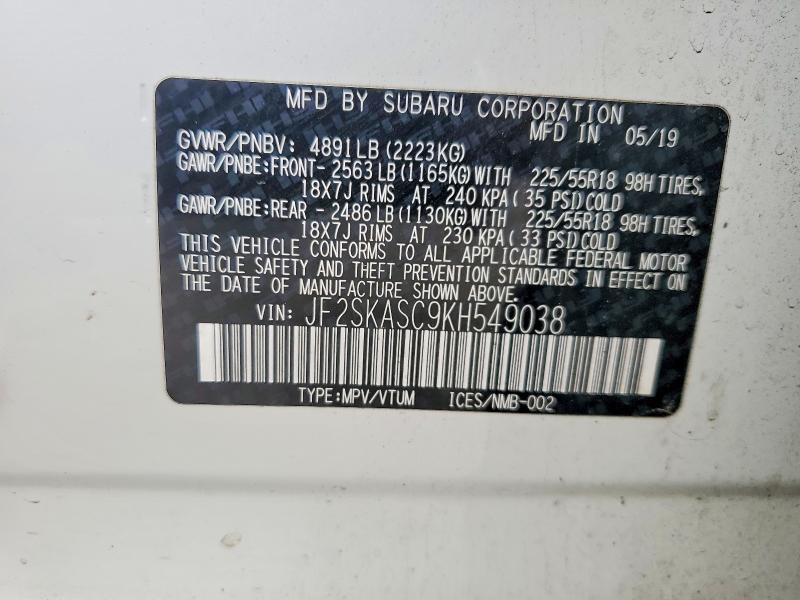 Продажа на аукционе авто 2019 Subaru Forester, vin: JF2SKASC9KH549038, номер лота: 58356236