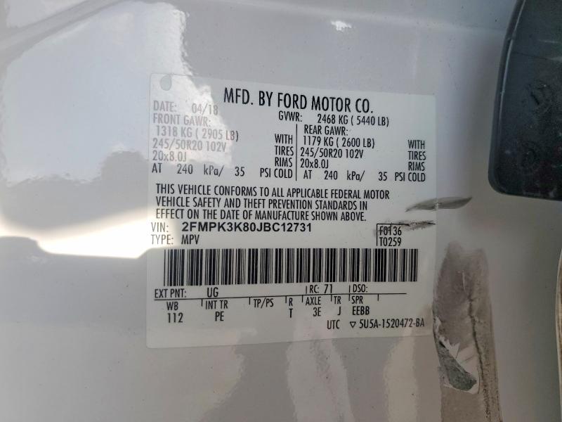 57011306 :رقم المزاد ، 2FMPK3K80JBC12731 vin ، 2018 Ford Edge مزاد بيع