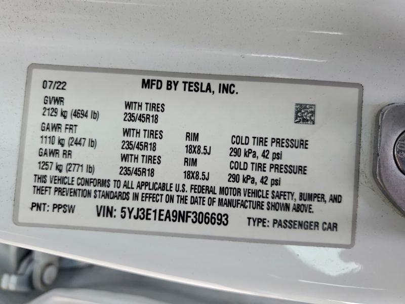 Aukcja sprzedaży 2022 Tesla Model 3, vin: 5YJ3E1EA9NF306693, numer aukcji: 56780166