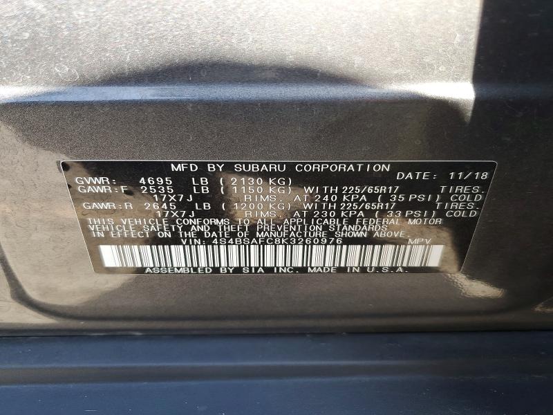 2019 Subaru Outback მანქანა იყიდება აუქციონზე, vin: 4S4BSAFC8K3260976, აუქციონის ნომერი: 55427526