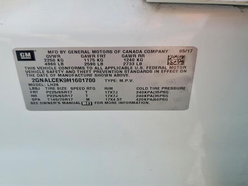 57221056 :رقم المزاد ، 2GNALCEK9H1601700 vin ، 2017 Chevrolet Equinox مزاد بيع