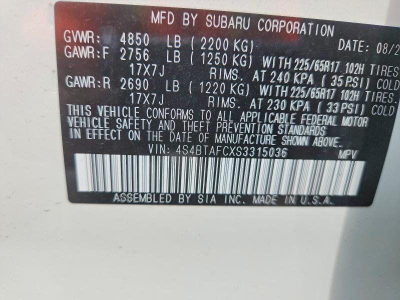 2025 Subaru Outback მანქანა იყიდება აუქციონზე, vin: 4S4BTAFCXS3315036, აუქციონის ნომერი: 57736036
