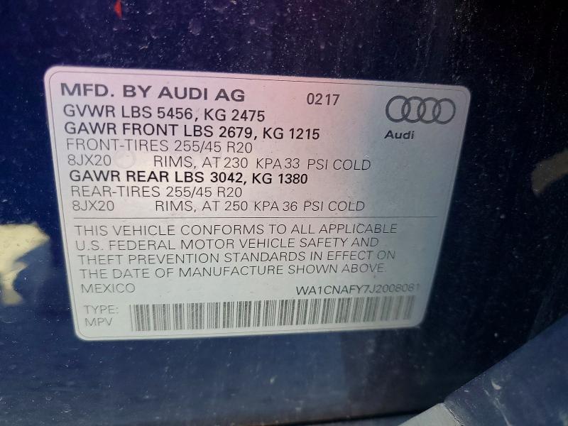 2018 Audi Q5 მანქანა იყიდება აუქციონზე, vin: WA1CNAFY7J2008081, აუქციონის ნომერი: 56853886
