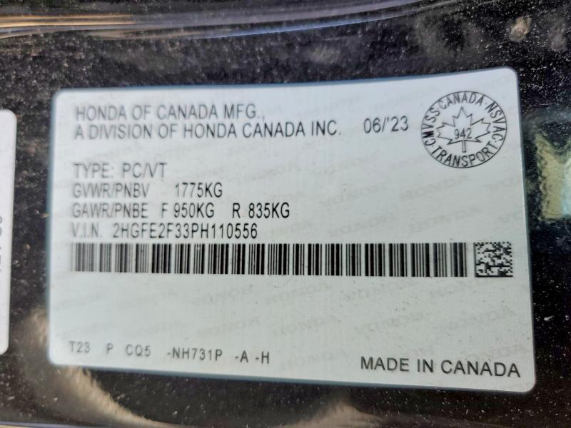 58048826 :رقم المزاد ، 2HGFE2F33PH110556 vin ، 2023 Honda Civic مزاد بيع