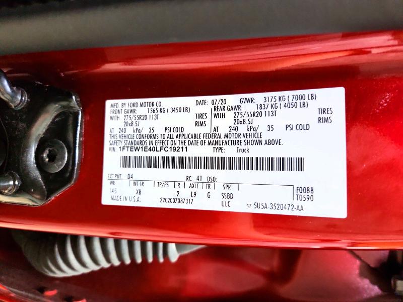 2020 Ford F150 მანქანა იყიდება აუქციონზე, vin: 1FTEW1E40LFC19211, აუქციონის ნომერი: 58131236