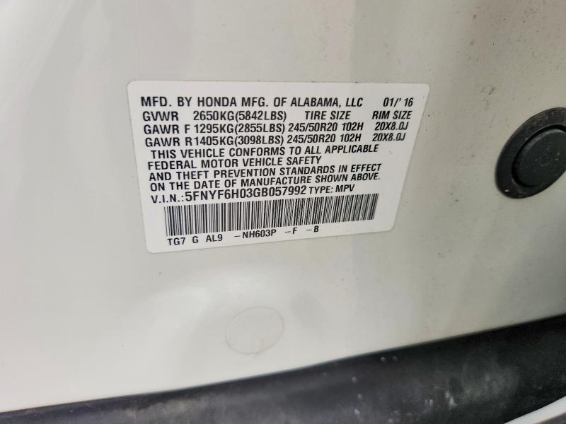 2016 Honda Pilot მანქანა იყიდება აუქციონზე, vin: 5FNYF6H03GB057992, აუქციონის ნომერი: 58965116