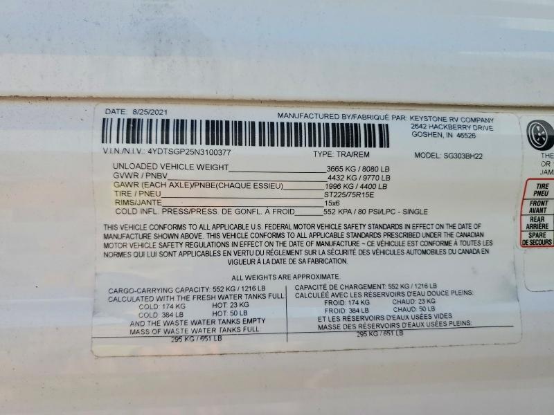 58944086 :رقم المزاد ، 4YDTSGP25N3100377 vin ، 2022 Keystone Rv Springdale مزاد بيع