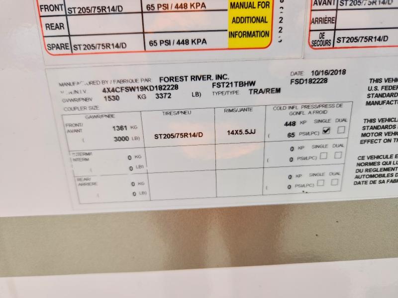 Aukcja sprzedaży 2019 Forest Riv Flagstaff, vin: 4X4CFSW19KD182228, numer aukcji: 55871026