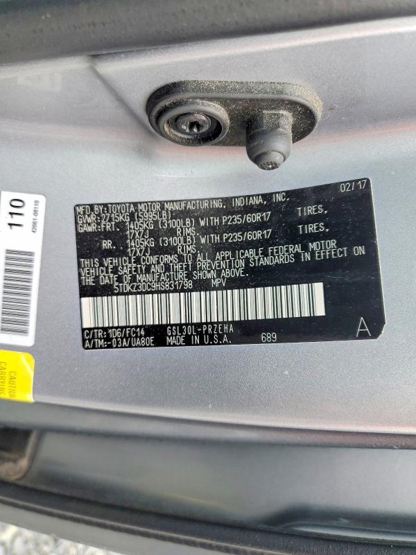 53277466 :رقم المزاد ، 5TDKZ3DC9HS831798 vin ، 2017 Toyota Sienna مزاد بيع