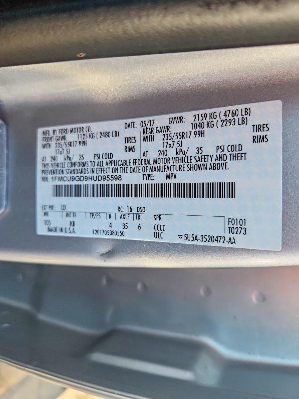 2017 Ford Escape მანქანა იყიდება აუქციონზე, vin: 1FMCU9GD9HUD95598, აუქციონის ნომერი: 56581806