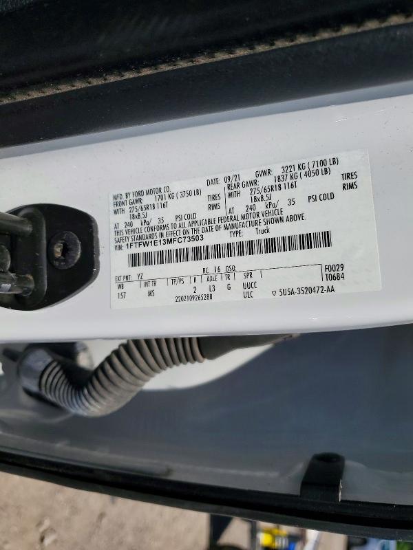 57752156 :رقم المزاد ، 1FTFW1E13MFC73503 vin ، 2021 Ford F150 مزاد بيع