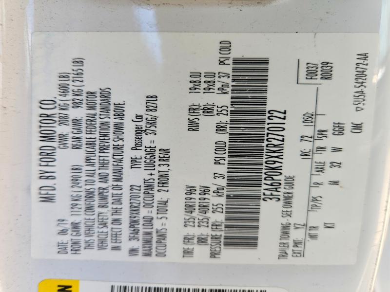 Aukcja sprzedaży 2019 Ford Fusion, vin: 3FA6P0K9XKR270122, numer aukcji: 58575706