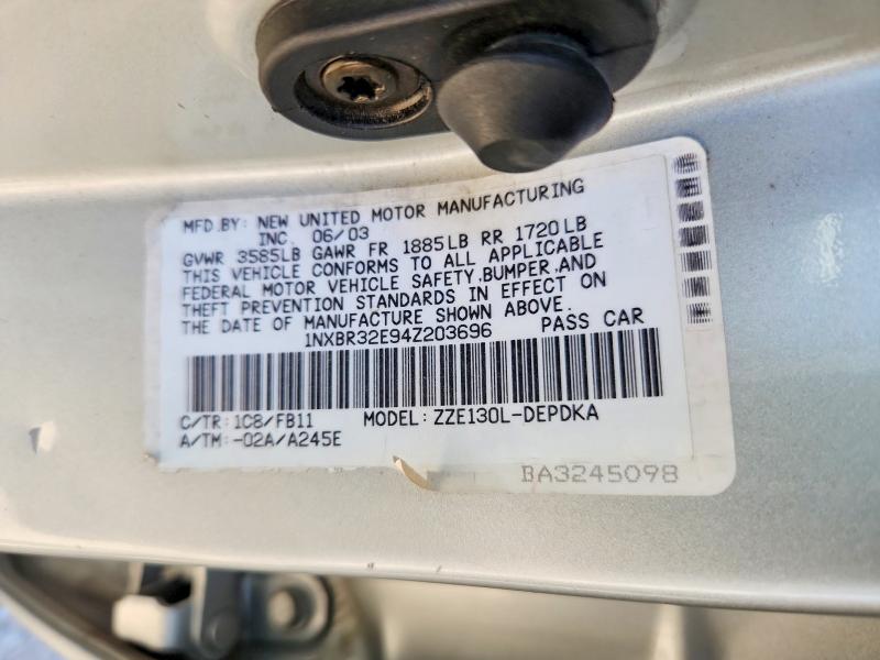 2004 Toyota Corolla მანქანა იყიდება აუქციონზე, vin: 1NXBR32E94Z203696, აუქციონის ნომერი: 55923836