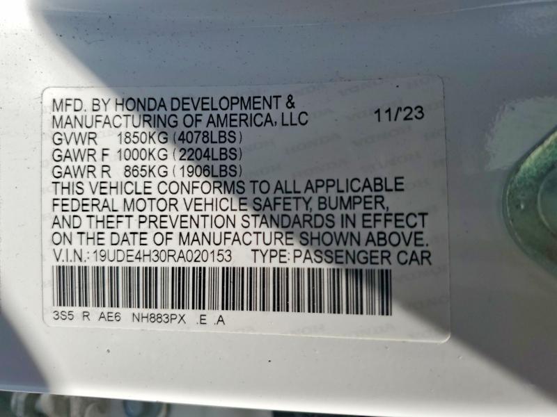 59147106 :رقم المزاد ، 19UDE4H30RA020153 vin ، 2024 Acura Integra مزاد بيع